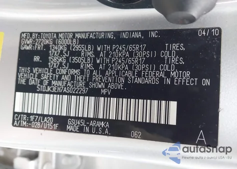 2010 Toyota Highlander Se V6 z USA, uszkodzony, nr VIN 5TDJK3EH7AS022297